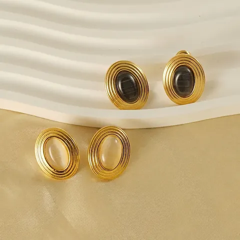 Pendientes De Botón Ovalados Chapados En Oro 18K Acero Inoxidable Con Piedra Natural Ojo De Chat Joyería Mujeres