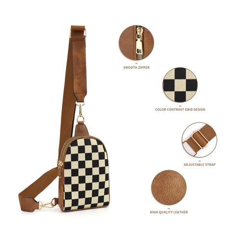 Checkerboard Pattern PU Leather Women Chest Bag Crossbody Waist Pouch Adjustable Strap Multi Functional Small Square Pack