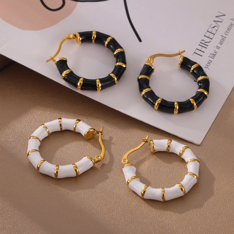 French Minimalist Bamboo Joint Hoop Earrings Stainless Steel Gold Plated Enamel Geometric Earrings For Women Jewelry Gift