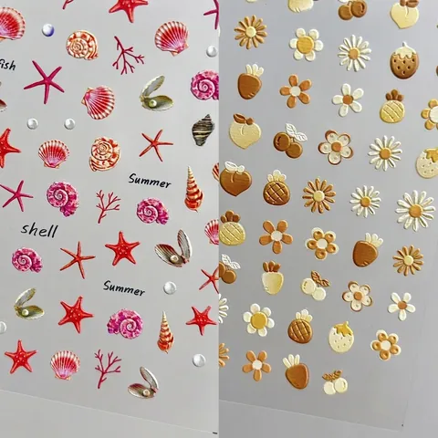 Autocollants Pour Ongles En Relief Décalcomanies Auto-Adhésives Motif Océan Coquillage Fruit Fleur Décoration Manucure DIY Femmes
