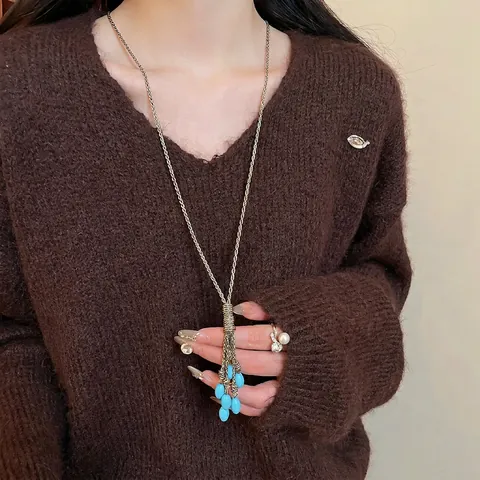 Collana Con Pendente A Nappa In Lega Boho Retrò Con Pietre Turchesi Blu Catena Lunga Per Maglione Gioielli Etnici Per Donna