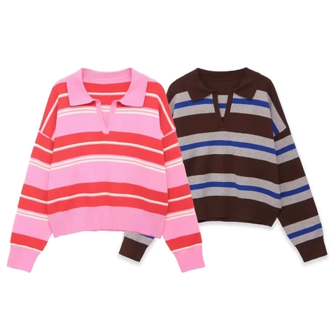 Maglione Polo In Maglia A Righe Donna Manica Lunga Scollo A V Risvolto Stile Preppy Casual Poliestere Acrilico Top