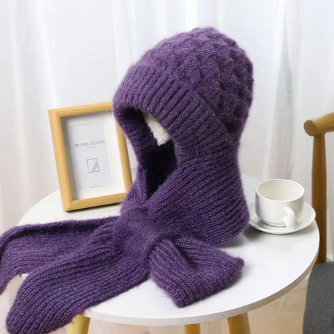 Women Integrated Hooded Scarf Hat Knitted Wool Plush Fleece Lined Thickened Warm Windproof Winter Outdoor Balaclava