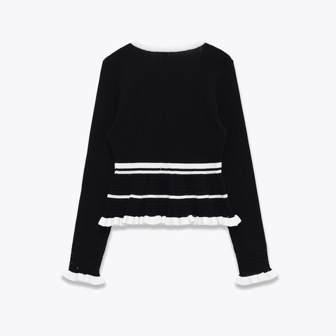Jersey De Mujer Manga Larga Poliéster Acrílico Punto Canalé Dobladillo Con Volantes Bloque De Color Ajustado Top Elegante
