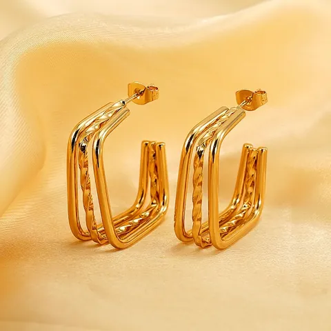 Square Triple Layer Stud Earrings PVD 18K Gold Plated Stainless Steel Geometric Twisted Texture Punk INS Style For Women