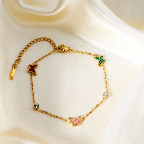 Bracciale a Farfalla in Acciaio Inossidabile alla Moda per Donna Ciondoli in Smalto Colorato Strass Catena Regolabile