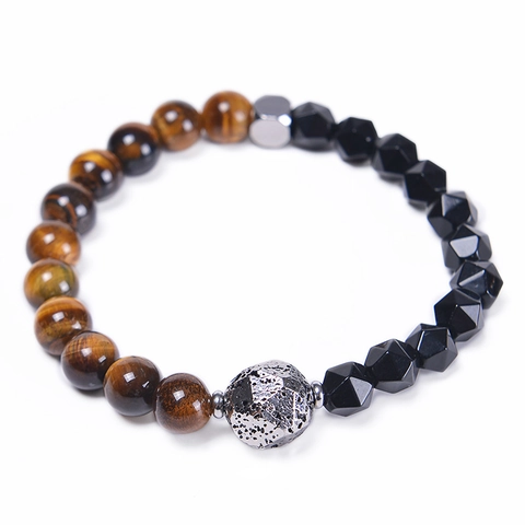 Bracciale Di Perle In Occhio Di Tigre Naturale Da Uomo Pietra Vulcanica Sfaccettata Acciaio Inossidabile Gioielli Retro