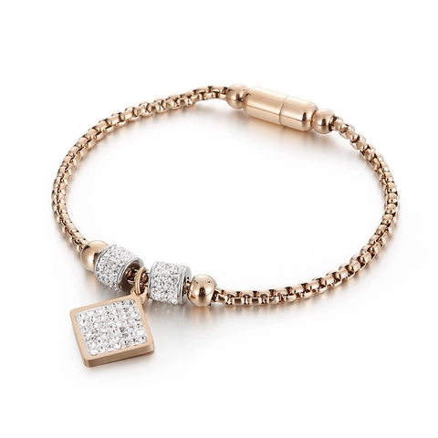 Rhinestone Square Pendant Bracelet Stainless Steel Magnetic Clasp Geometric Chain Fashion Jewelry Elegant Accessory For Women