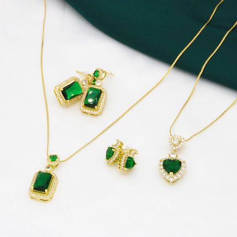 Emerald Green Heart Rectangle Zircon Stainless Steel Necklace And Earrings Jewelry Luxury Elegant For Women