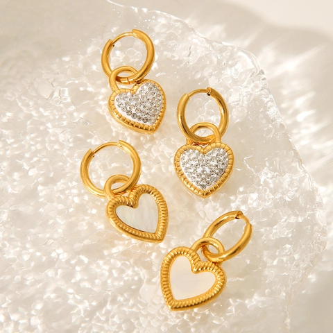Pendientes De Aro Con Colgante De Corazón De Acero Inoxidable Chapado En Oro De 18K Con Incrustación De Concha Para Mujer