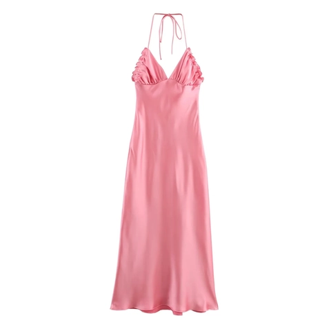 Elegante Vestido Largo Satinado Con Cuello Halter Cuello En V Sin Espalda Color Sólido Sin Mangas Para Fiesta Mujer