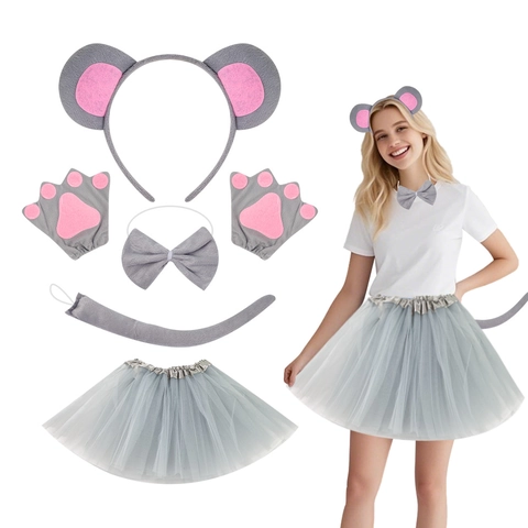 Orecchie Da Topo Cerchietto Coda Papillon Tutu Costume Peluche Animale Accessorio Per Halloween Cosplay Bambini