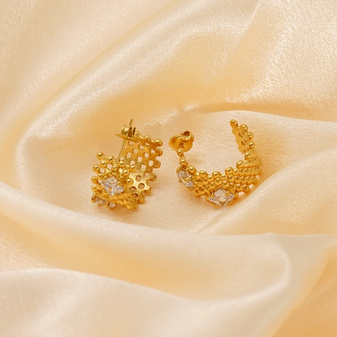 Orecchini A Cerchio A Forma Di C Oro 18K Acciaio Inossidabile Maglia Cava Geometrica Zircone Gioielli Di Moda Per Donne