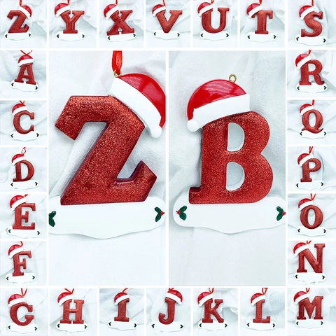 Christmas Alphabet Letter Ornaments Resin Red Glitter Hanging Decoration With Santa Hat For Holiday Tree Decor