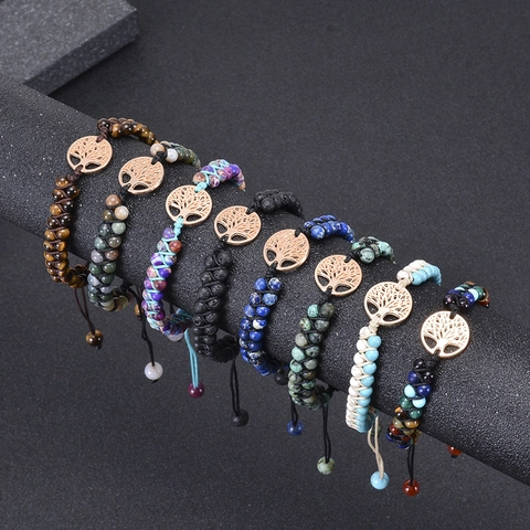 Bracelet En Pierre Naturelle Avec Pendentif Arbre De Vie En Alliage Double Rangée Tissée Perles Réglables Bijoux Boho