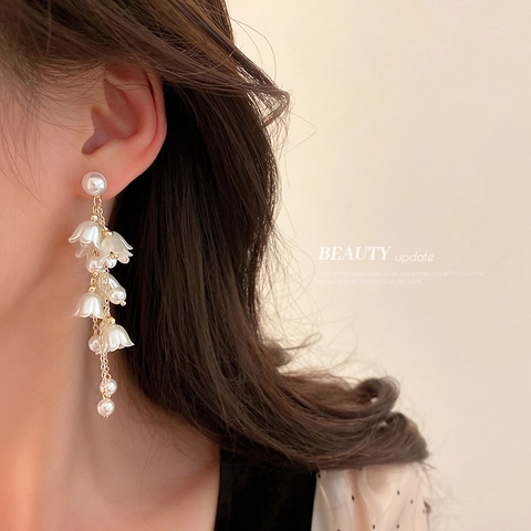 Lily Of The Valley Tassel Dangle Earrings For Women With Resin Flower Alloy Faux Artificial Pearl And Silver Earring Post