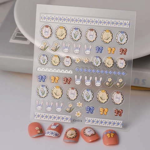 Stickers Ongles Relief 5D Stéréoscopiques Doux Lapin Tulipe Fleurs Cadre Vintage Décalcomanies Autocollantes Pour Femmes