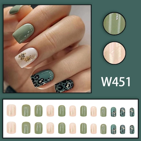 Green Leopard Print Press On Nails With Gold Foil Resin Square Glossy False Nails For Women Daily Fashion Wear