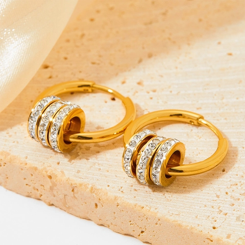 Stainless Steel Hoop Earrings With Rhinestone Charms Geometric Round Dangle Ear Jewelry For Women Elegant Sweet Style
