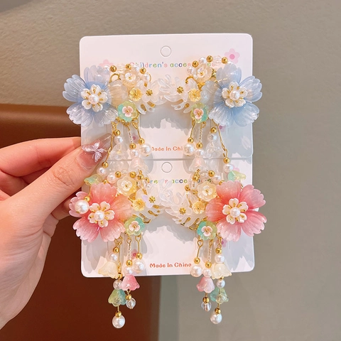 Ancient Chinese Style Hair Clip Flower Butterfly Tassel Ribbon Artificial Pearl Alloy Resin Fabric For Kids Girls Hanfu Accessories
