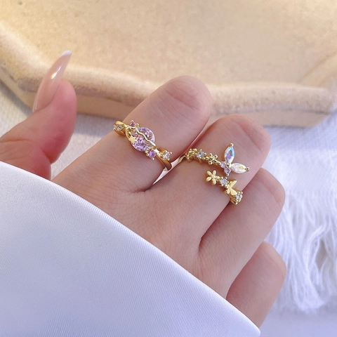 Butterfly Flower Adjustable Open Ring 18K Gold Plated Brass With AAA Zircon Sweet Elegant Fashion Jewelry For Women