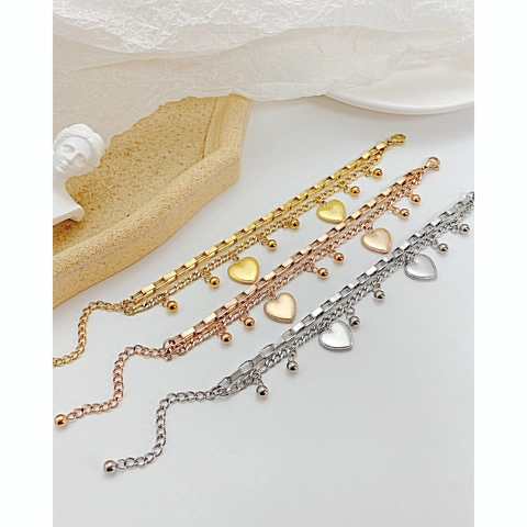 Stainless Steel Double Layer Chain Bracelet With Heart Charm And Beads Elegant Adjustable Fashion Jewelry For Women