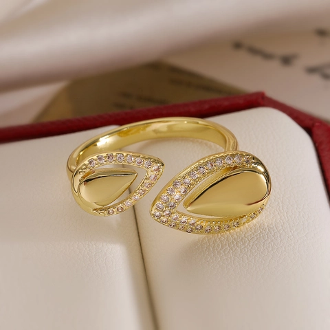 Asymmetric Double Water Drop Open Ring 18K Gold Plated Copper Zircon Adjustable Irregular Geometric Elegant Jewelry