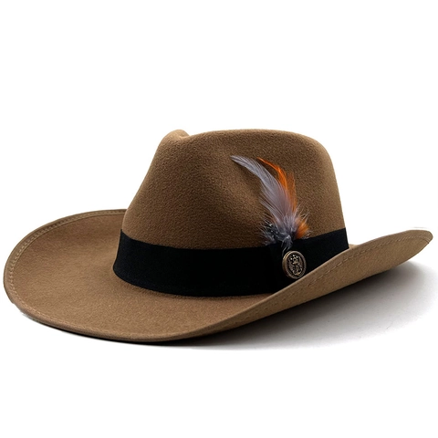 Vintage Western Cowboy Fedora Hoed Met Veer Metalen Badge Brede Rand Katoen Polyester Mix Unisex Retro Stijl
