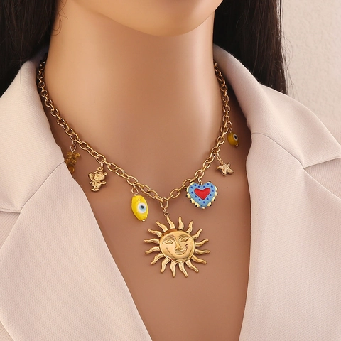 Stainless Steel Multi Charm Necklace Sun Heart Evil Eye Pendant Colorful Bohemian Dopamine Jewelry For Women