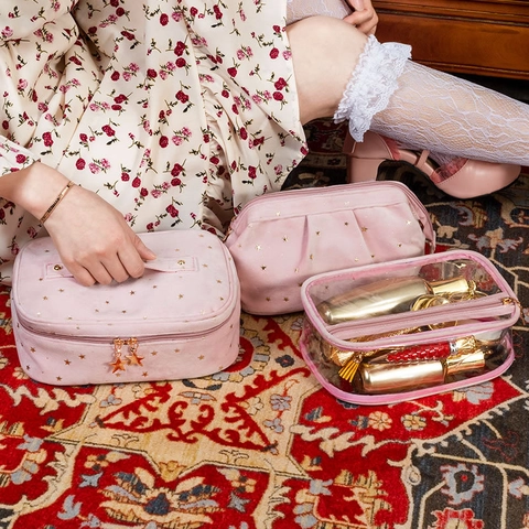 Velvet Cosmetic Bag Toiletry Pouch Gold Stamping Star Pattern Portable Makeup Organizer Travel Wash Bag Starry Style
