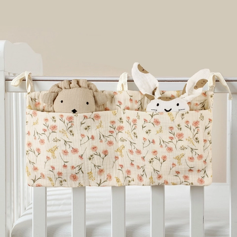 Baby Crib Hanging Storage Bag Pure Cotton Muslin Multi Pockets Nursery Organizer Diaper Bottle Holder For Bedside Stroller