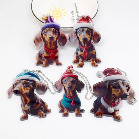 Pendentif en Acrylique de Chien Teckel de Noël Décoration de Vacances Dessin Animé pour Maison Voiture Sac Porte-clés Cadeau