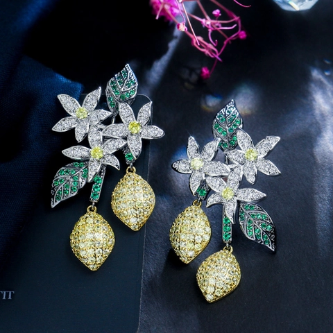 Boucles d'Oreilles Pendantes Style Coréen en Cuivre et Zirconia Fleur Citron Avec Tige en Argent Sterling 925 pour Femme Bijoux de Fête de Luxe