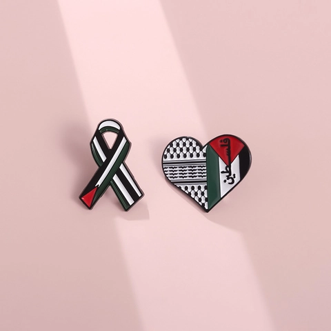 Enamel Pins Brooches Alloy Painted Heart Ribbon Shape Palestine Flag Theme Keffiyeh Pattern Decorative Badge For Clothes Bags