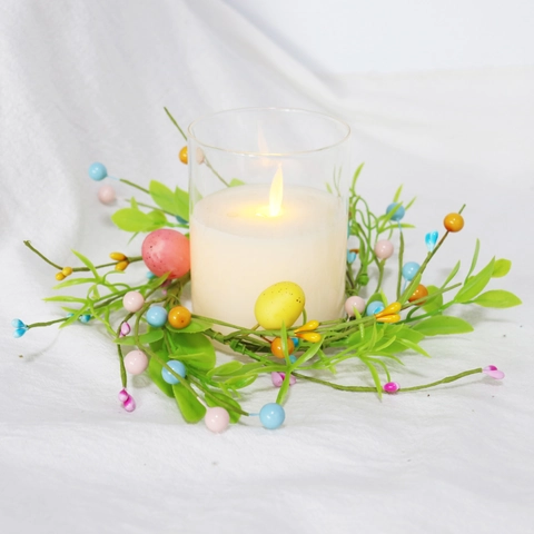 Easter Egg Wreath Candle Ring Artificial Green Leaves Colorful Berries Foam Eggs Home Table Decor Spring Ornament