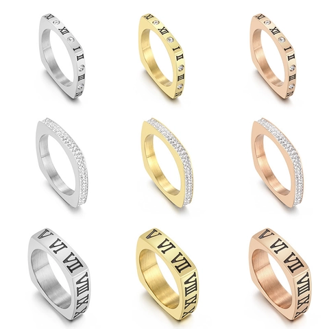 Quadratischer Ring Aus Edelstahl Mit Römischen Ziffern Und Zirkonia-Inlay Luxusschmuck Minimalistisch Für Paare
