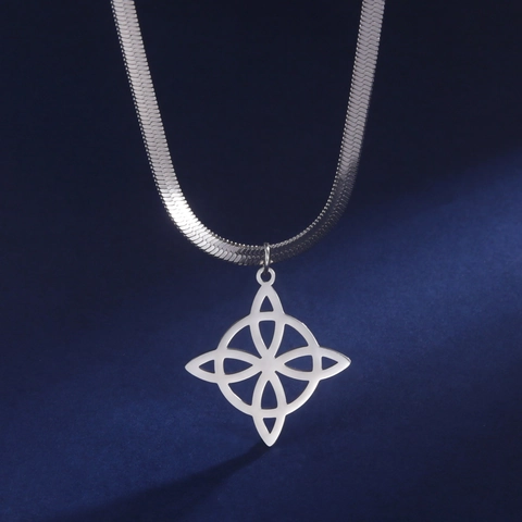 Witch Knot Necklace Stainless Steel Hollow Celtic Knot Pendant Geometric Herringbone Snake Chain Jewelry