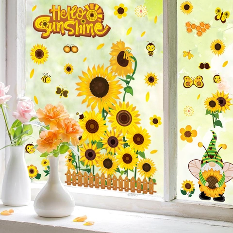 Sunflower Bee Gnome Window Clings PVC Stickers For Glass Decor Spring Theme Hello Sunshine Home Wall Decals
