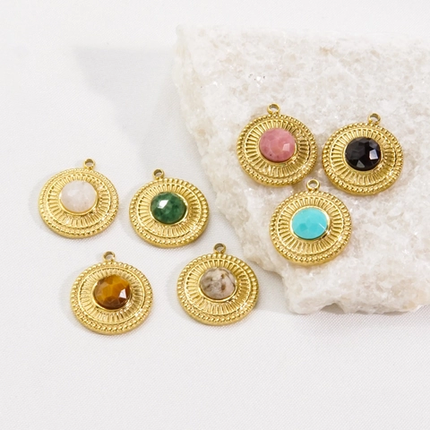 Runder Naturstein Anhänger Edelstahl 14K Vergoldet Facettierte Fassung Charms DIY Schmuckherstellung Boho Stil