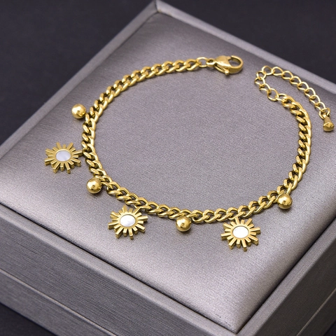 Bracciale a Girasole in Acciaio al Titanio Oro Bohémien Con Intarsio di Conchiglia Catena Regolabile a Sfere Gioielli di Moda per Donna