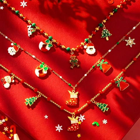 Kerstmis Ketting Roestvrij Staal Emaille Hangers Kerstman Boom Sok Kralenketting Feestelijke Sieraden Voor Dames