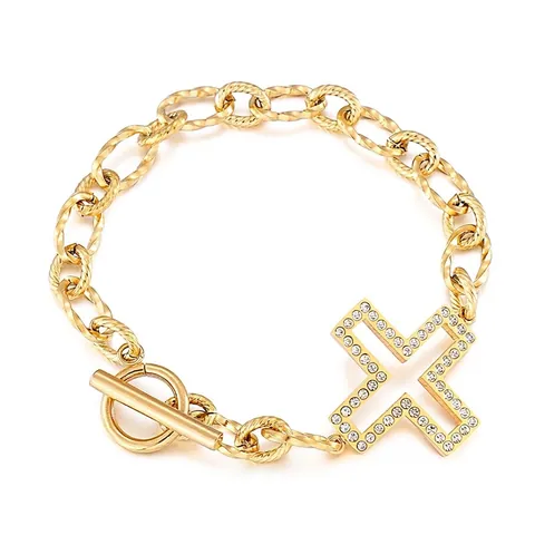 Bracciale A Catena Grossa In Acciaio Inossidabile Con Ciondolo A Croce Svuotata In Strass Chiusura A Commutazione Vintage