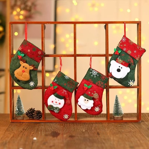 Christmas Socks Ornaments Felt Fabric Santa Snowman Reindeer Hanging Stockings Gift Bags Retro Cartoon Holiday Decor