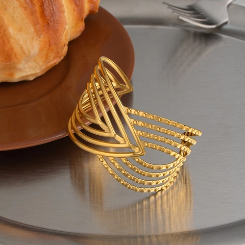 Vintage Open Cuff Bracelet 18K Gold Plated Stainless Steel Hollow Geometric V-Shape Bead Retro Bohemian Jewelry Women