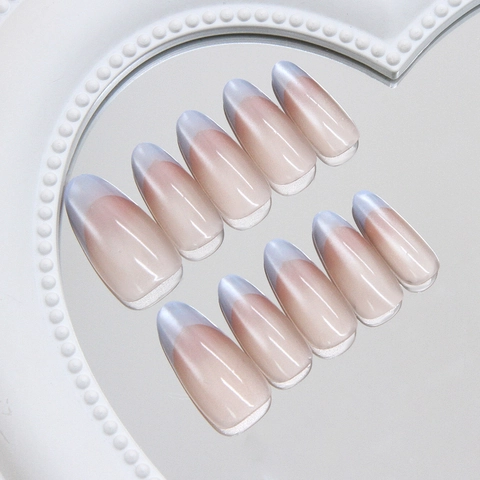 Handmade Press On Nails Almond Shape French Gradient Cat Eye Artificial Pearl Luster ABS Plastic For Women Elegant Manicure