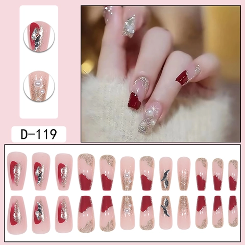 Unghie Finte Forma Lunga Bara Elegante Rosso Rosa Nude Glitter Perla Artificial Bianca Strass Manicure Artificiale Per Donne
