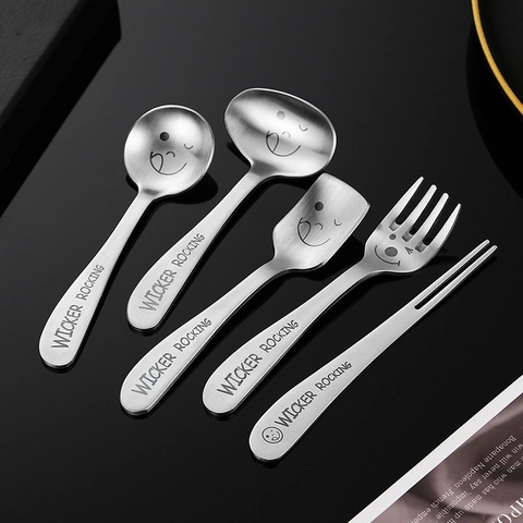 304 Stainless Steel Dessert Spoon And Fork Cartoon Smile Face Engraved Tableware For Kids Fruit Cake Ice Cream