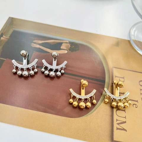 Edelstahl Hängeohrringe Vintage Koreanischer Stil Geometrischer Bogen Mit Kristallen Und Metallperlen Für Damen Schmuck