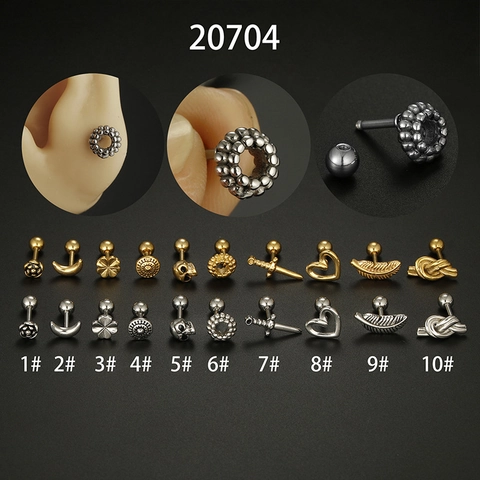 Heart Rose Moon Skull Stainless Steel Cartilage Stud Earrings Screw Ball Back Piercing Jewelry For Women Men