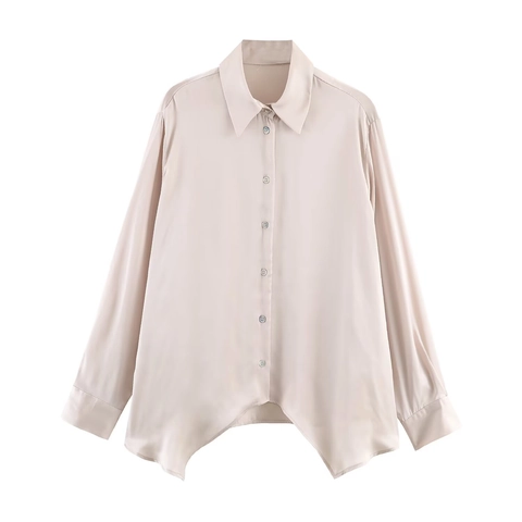 Women Satin Shirt Long Sleeve Asymmetric Hem Elegant Champagne Blouse Button Down Lapel Solid Color Office Lady Tops